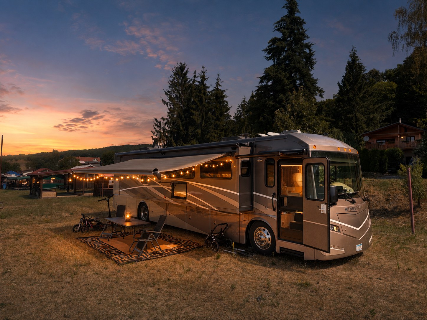 Winnebago Forza with slide-outs extended, awning open and warm lights at dusk