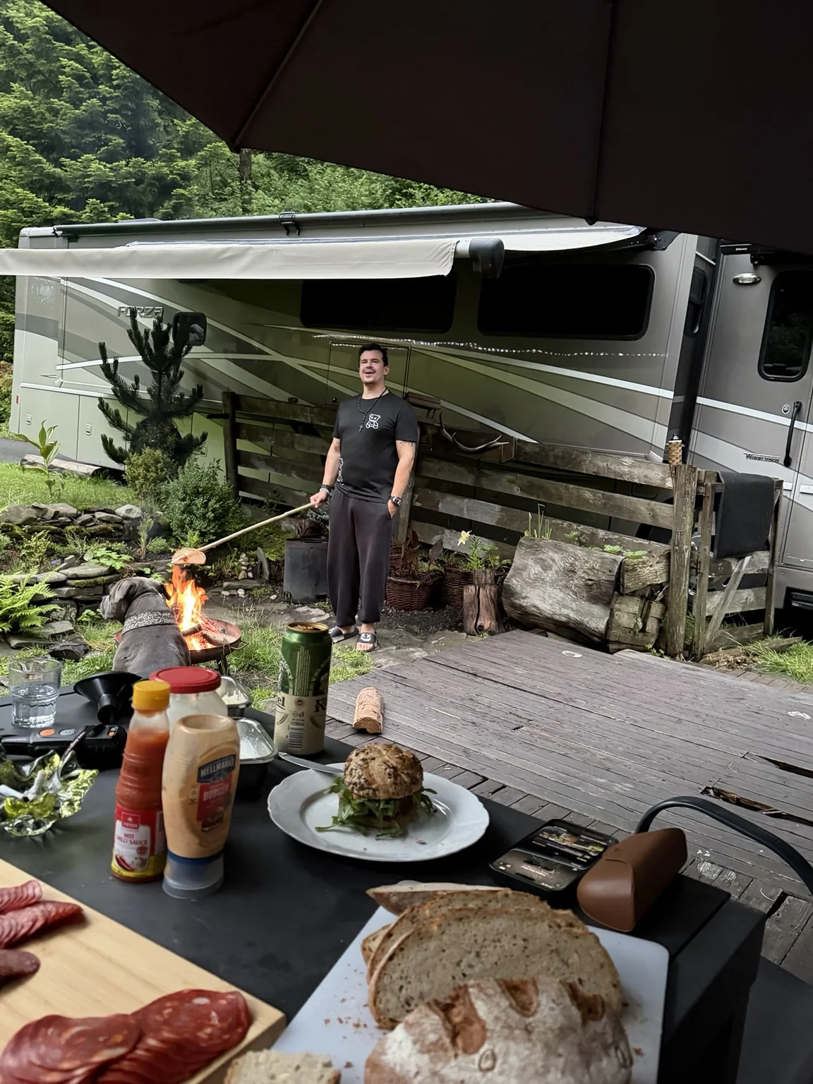 An evening meal and a fire beside our Winnebago